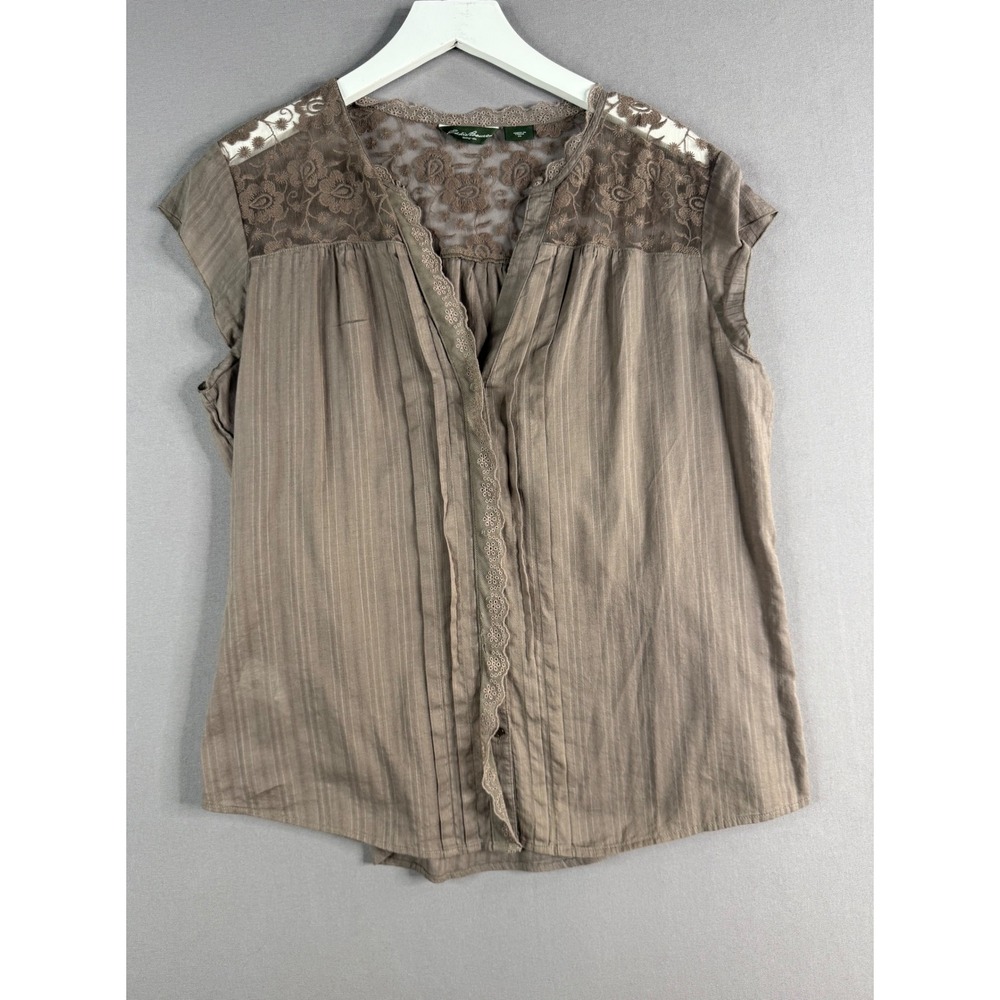 Eddie Bauer Blouse Womens XL Brown Lace Feminine Cottagecore Boho Neutral Boho